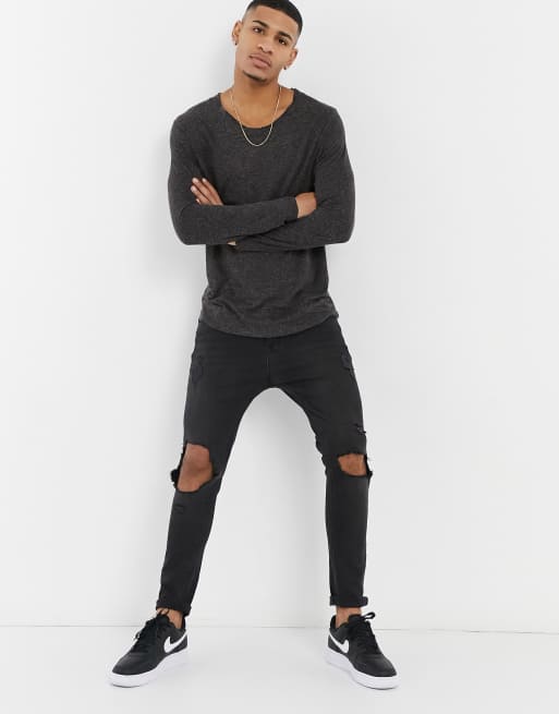 ASOS DESIGN - T-shirt long en lin avec manches longues et encolure dégagée - Noir, 4 de 4