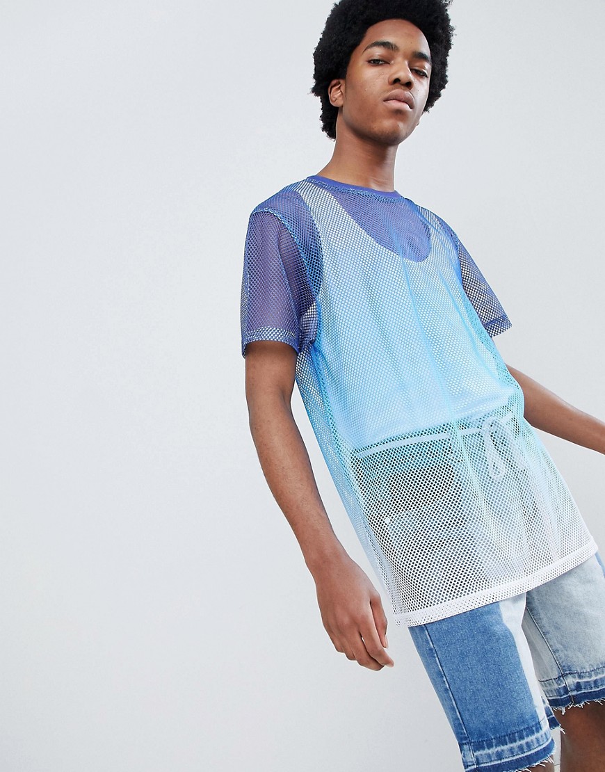 ASOS DESIGN - T-shirt lunga comoda in rete dip-dye sfumato-Blu