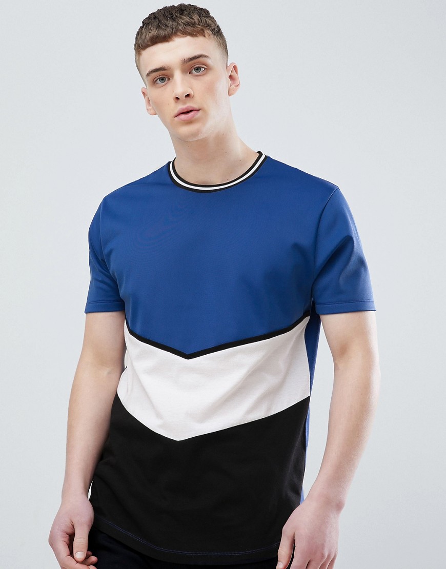 ASOS DESIGN - T-shirt lunga comoda in tricot di poliestere a blocchi di colore-Blu