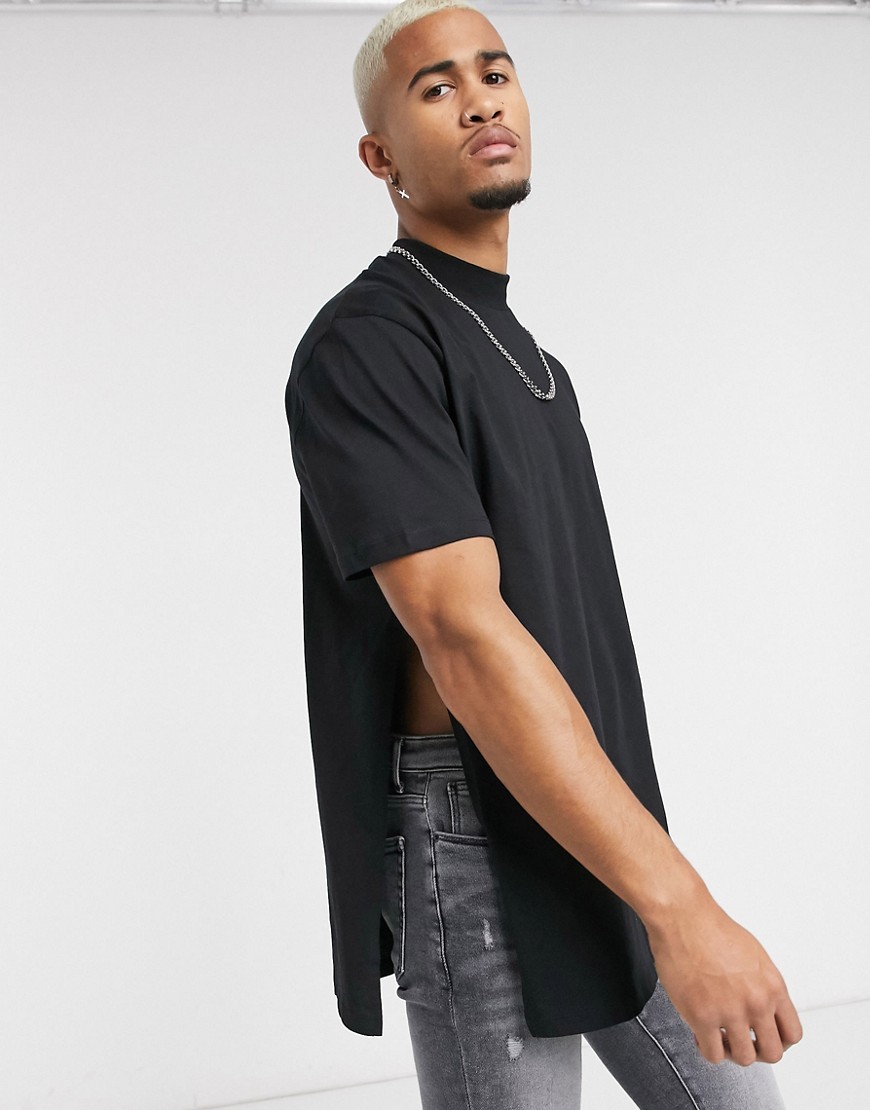 ASOS DESIGN - T-shirt lunga comoda nera con spacchi laterali-Nero