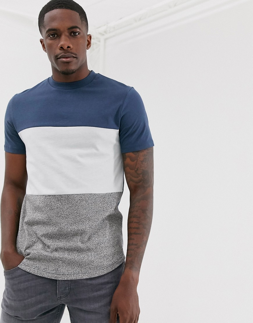 ASOS DESIGN - T-shirt lunga con fondo arrotondato blu colour block