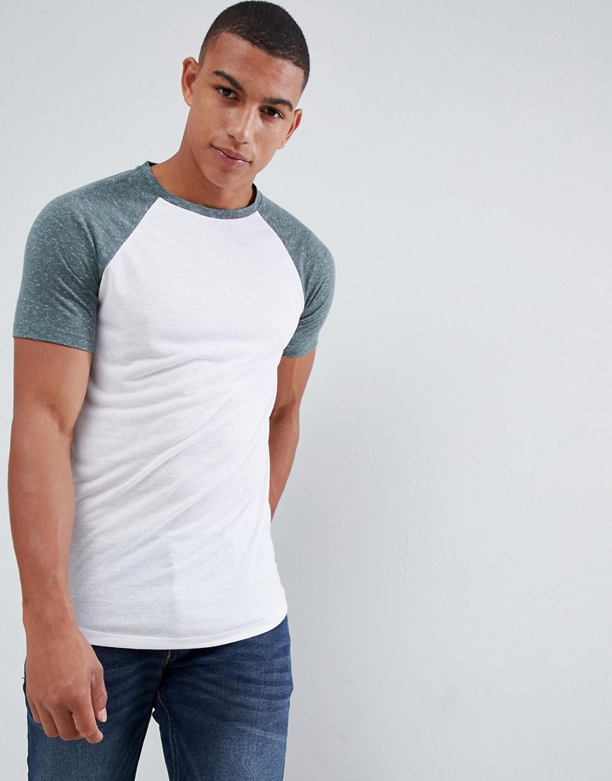 ASOS DESIGN - T-shirt lunga con fondo arrotondato e maniche raglan a contrasto in misto lino bianca-Bianco