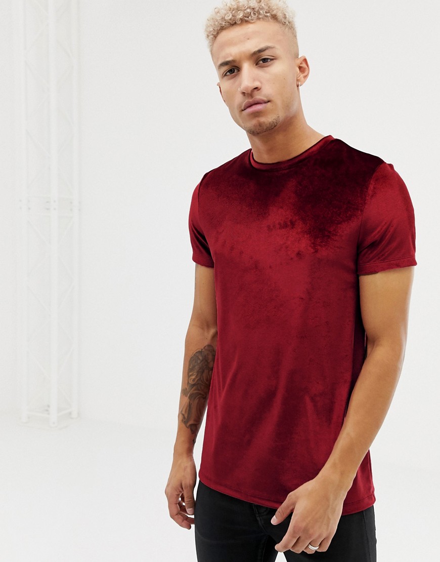 ASOS DESIGN - T-shirt lunga in velour bordeaux-Rosso