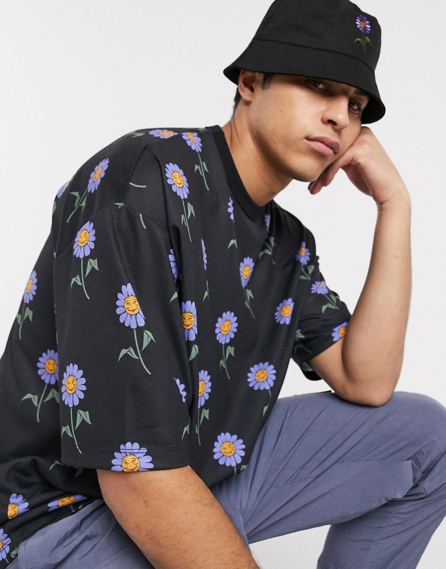 ASOS DESIGN - T-shirt lunga oversize con stampa floreale in coordinato-Nero