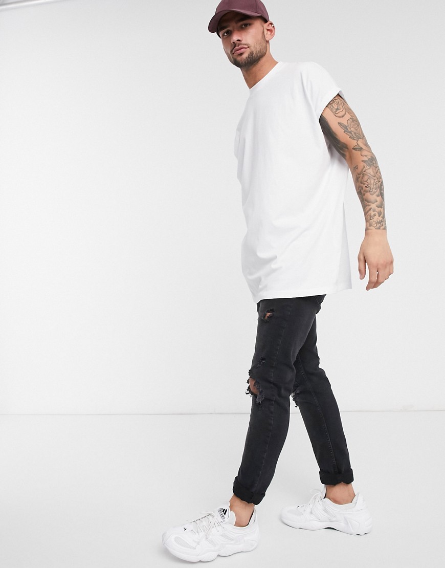ASOS DESIGN - T-shirt lunga oversize girocollo con maniche con risvolto bianca-Bianco