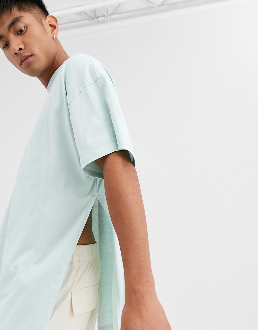 ASOS DESIGN - T-shirt lunga oversize grigia con profondi spacchi laterali-Blu