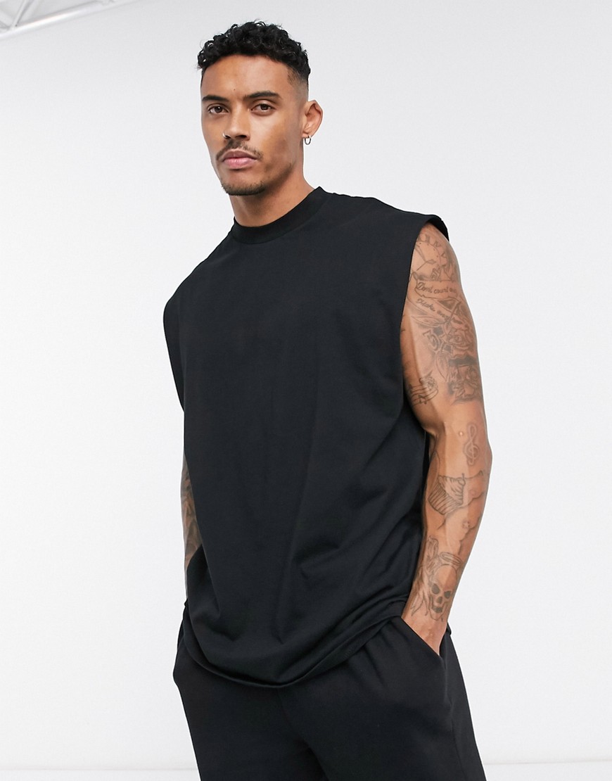 ASOS DESIGN - T-shirt lunga oversize nera senza maniche-Nero