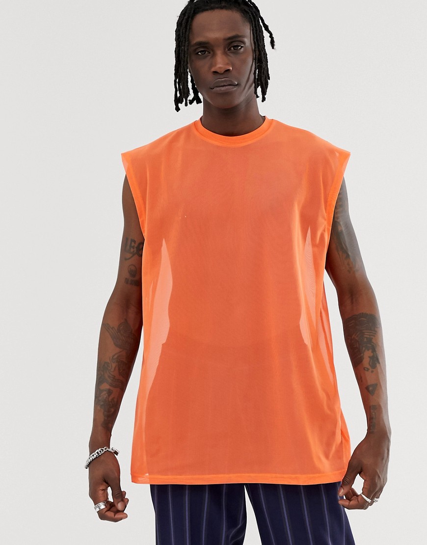 ASOS DESIGN - T-shirt lunga oversize senza maniche in rete fine arancione