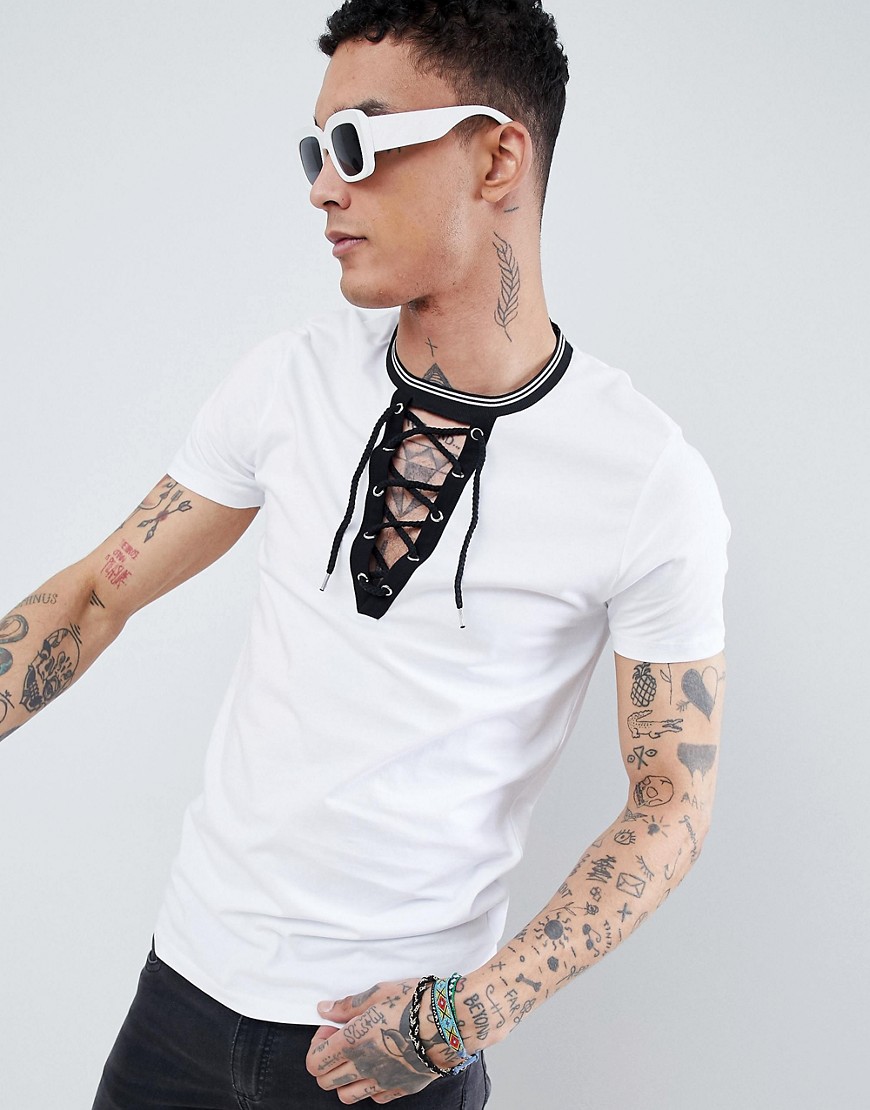 ASOS DESIGN - T-shirt lunta bianca con scollo profondo con laccetti e bordi a contrasto-Bianco