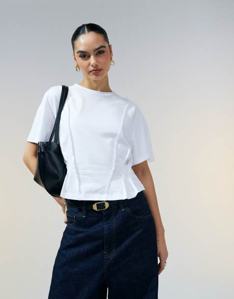 ASOS DESIGN - T-shirt manches courtes à taille style corset avec surpiqûres - Blanc - view 1