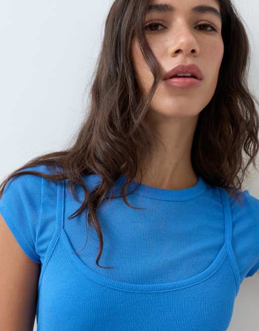 ASOS DESIGN - T-shirt manches courtes avec superposition style caraco - Bleu, 4 de 5