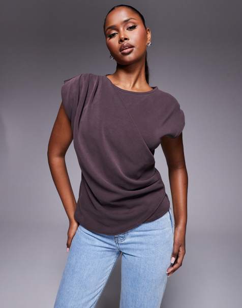 ASOS DESIGN - T-shirt manches courtes en cupro à détail drapé - Marron - view 1