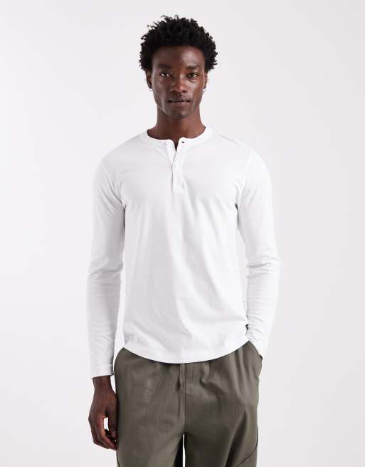 ASOS DESIGN - T-shirt manches longues à col boutonné et épaules tombantes - Blanc
