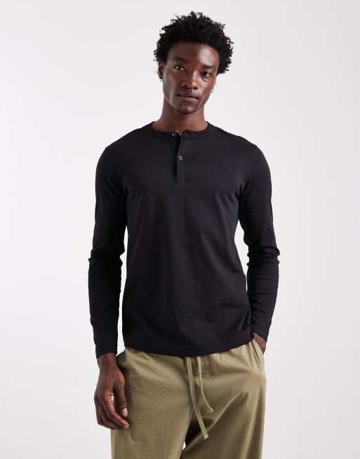 ASOS DESIGN - T-shirt manches longues à col boutonné et épaules tombantes - Noir