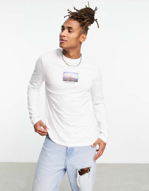 ASOS DESIGN T shirt manches longues imprim New York Blanc