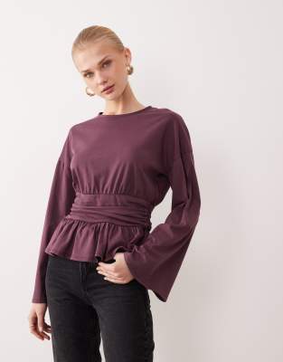 T-shirt manches longues à taille cintrée et ourlet à basque - Prune-Violet L