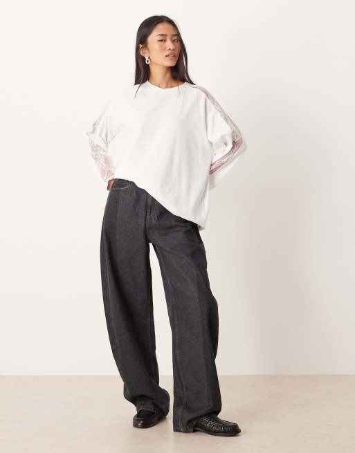 ASOS DESIGN - T-shirt manches longues avec empiècement en dentelle - Blanc, 3 de 4