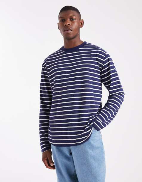 ASOS DESIGN - T-shirt manches longues décontracté à rayures - Bleu marine et blanc - view 1