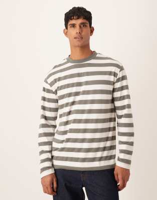 ASOS DESIGN - T-shirt manches longues décontracté à rayures - Kaki et blanc-Multicolore