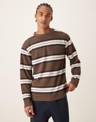 ASOS DESIGN - T-shirt manches longues décontracté en tissu épais à rayures - Écru et marron-Multicolore