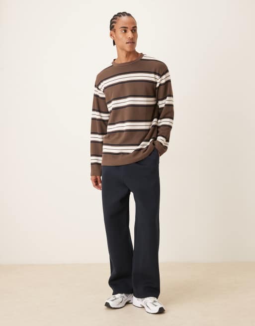 ASOS DESIGN - T-shirt manches longues décontracté en tissu épais à rayures - Écru et marron , 2 de 5
