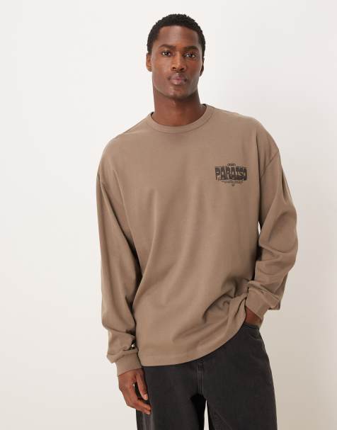 ASOS DESIGN - T-shirt manches longues décontracté en tissu épais effet poudré avec motif sur la poitrine - Gris - view 1