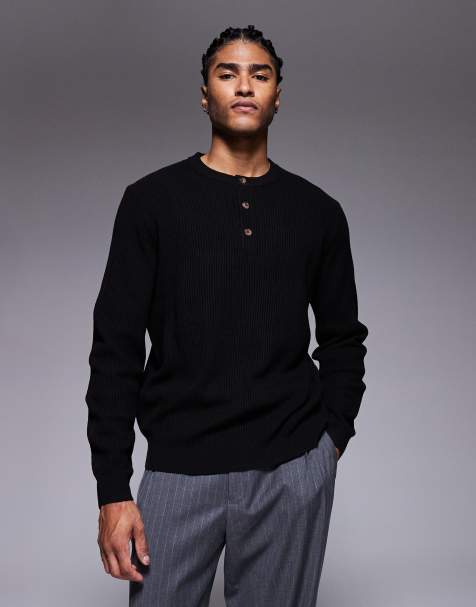 ASOS DESIGN - T-shirt manches longues en maille côtelée à col Henley - Noir - view 1