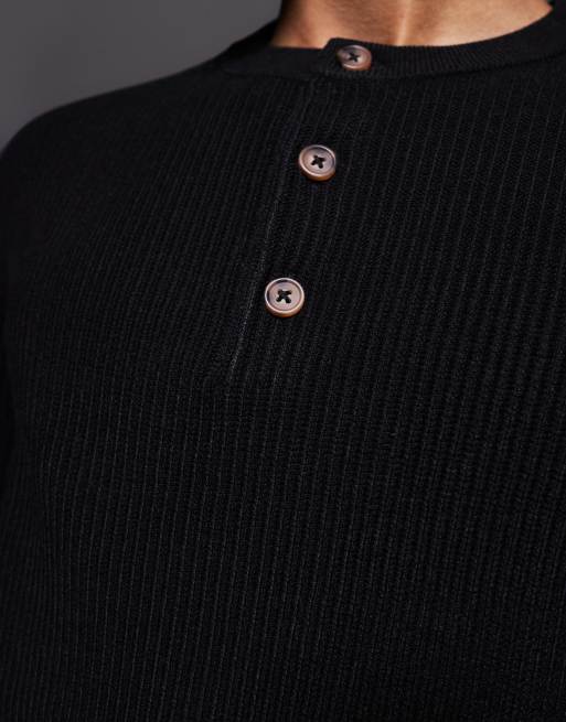 ASOS DESIGN - T-shirt manches longues en maille côtelée à col Henley - Noir, 5 de 5