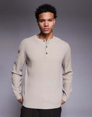 ASOS DESIGN - T-shirt manches longues en maille côtelée à col Henley - Taupe-Neutre