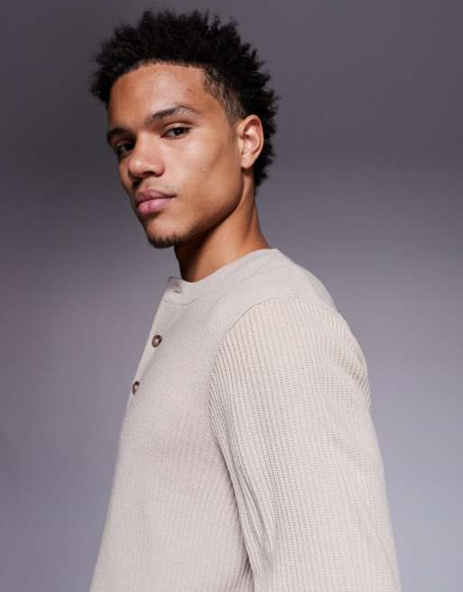 ASOS DESIGN - T-shirt manches longues en maille côtelée à col Henley - Taupe, 4 de 5