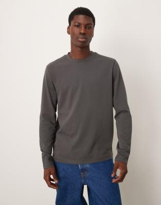 ASOS DESIGN - T-shirt manches longues épais à col ras de cou en coton brossé - Anthracite-Gris