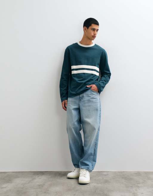 ASOS DESIGN t-shirt manches longues épais coupe décontractée avec bande poitrine vert foncé, 2 de 5