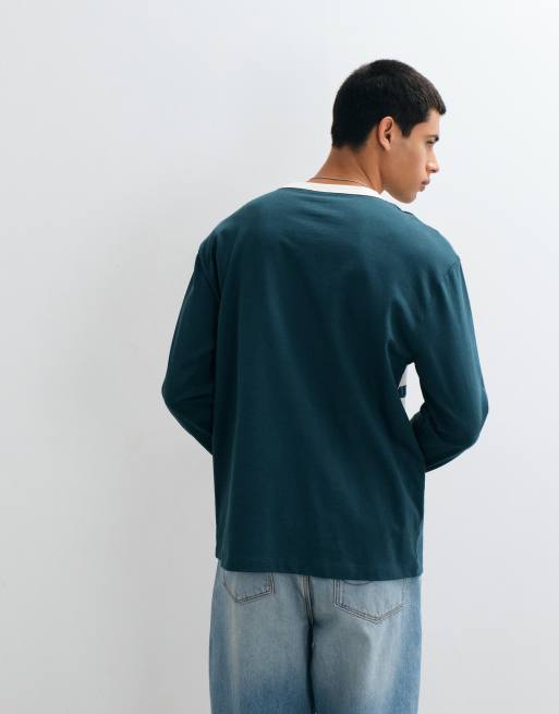 ASOS DESIGN t-shirt manches longues épais coupe décontractée avec bande poitrine vert foncé, 4 de 5