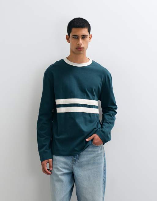 ASOS DESIGN t-shirt manches longues épais coupe décontractée avec bande poitrine vert foncé, 5 de 5