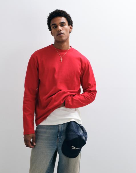 ASOS DESIGN t-shirt manches longues épais coupe relaxed avec surpiqûres contrastantes rouge - view 1