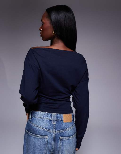 ASOS DESIGN - T-shirt manches longues froncé sur les côtés - Bleu marine, 4 de 4