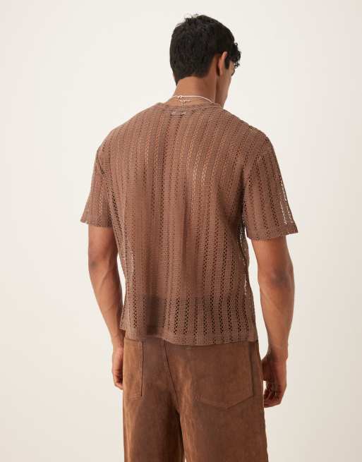 ASOS DESIGN - T-shirt marrone all'uncinetto vestibilità comoda , 3 di 4