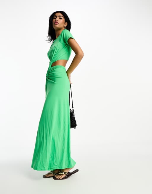 ASOS DESIGN twist waist cut out maxi dress with ruffle detail in green  watercolor floral print