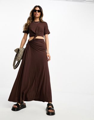 ASOS DESIGN t shirt maxi dress with cut out back and ruched detail in chocolate