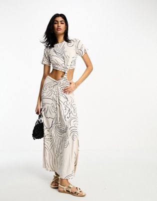 ASOS DESIGN t shirt maxi dress with cut out back and ruched detail in squiggle print