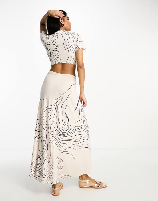 ASOS DESIGN t shirt maxi dress with cut out back and ruched detail in squiggle print