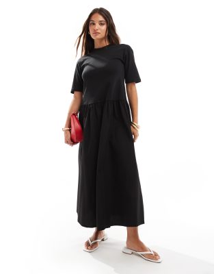 ASOS DESIGN t shirt maxi dress with poplin skirt in black-Green