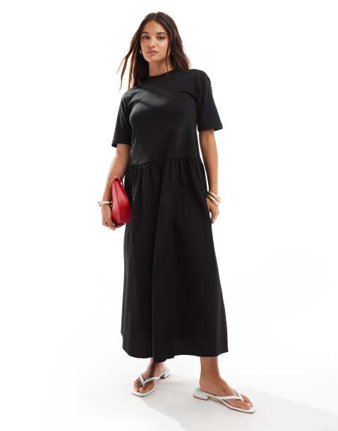 ASOS DESIGN t shirt maxi dress with poplin skirt in black - view 1