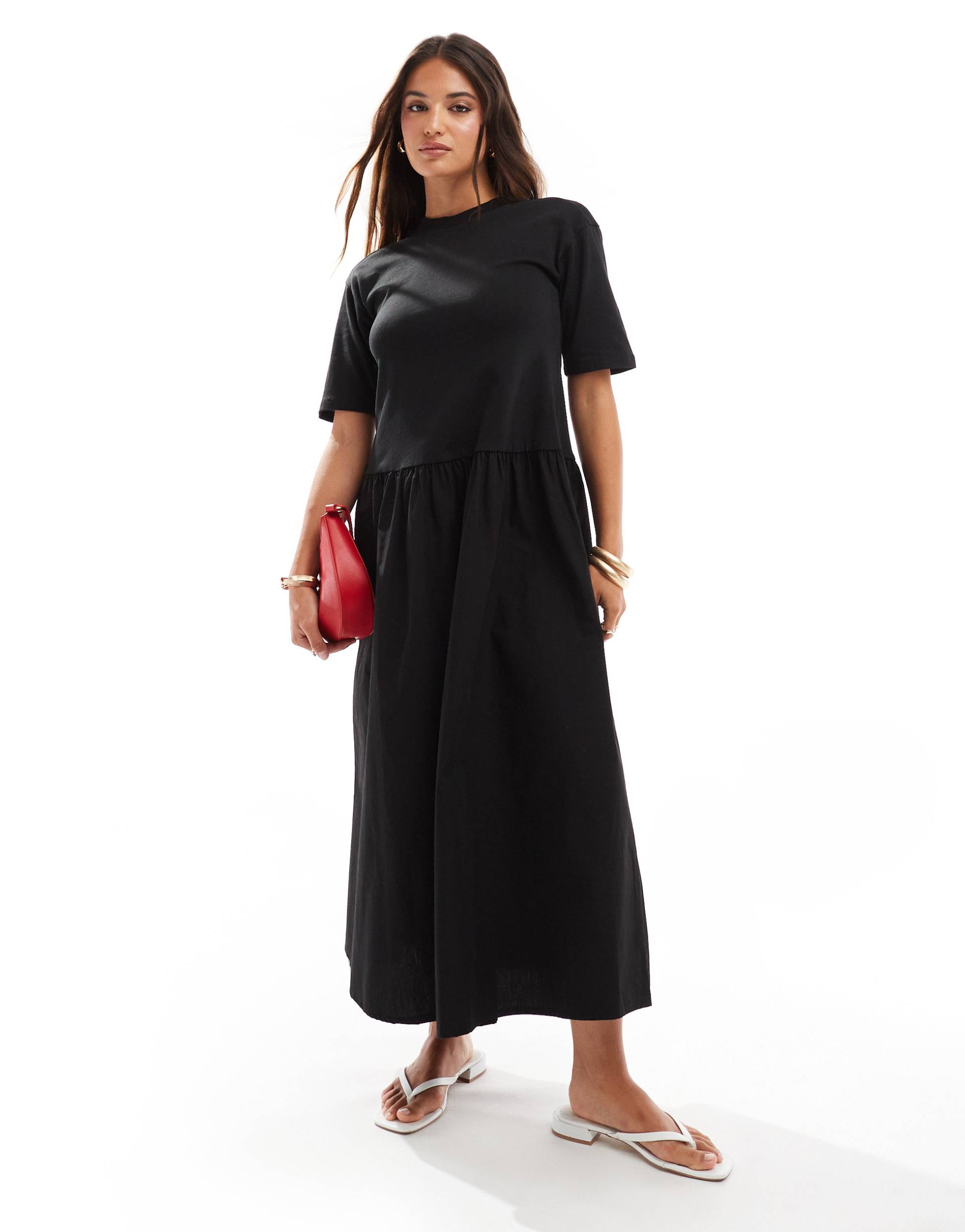 asos design t-shirt maxi dress with poplin skirt in black