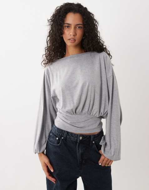 ASOS DESIGN T-shirt med batwing-ærmer og indsnøret talje i gråmeleret - view 1