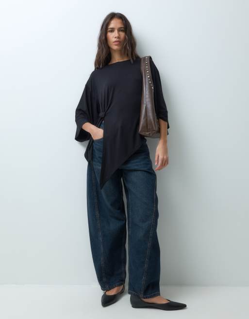 ASOS DESIGN T-shirt med knudedetalje og kappeærmer i sort, 4 af 5