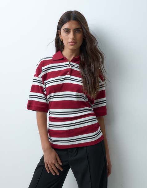ASOS DESIGN T-shirt med korsetteret talje og rugby-polo-krave i bordeauxstriber - view 1