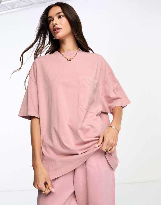 ASOS DESIGN - T-shirt med lommedetalje i vasket lyserød i boyfriend-pasform - Del af sæt