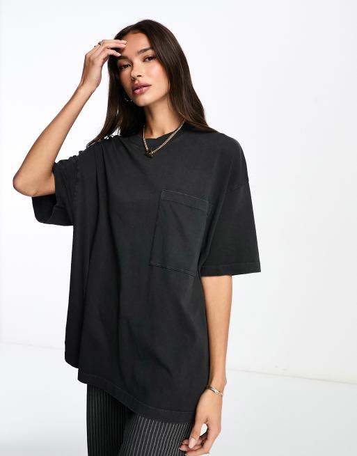 ASOS DESIGN - T-shirt med lommedetalje og boyfriend-pasform i forvasket sort - Del af sæt