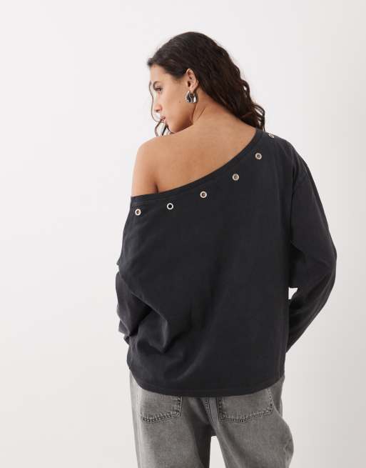 ASOS DESIGN T-shirt med metaløjer og sænkede skuldre i kulgrå, 4 af 4
